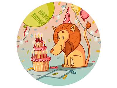 Happy Birthday! balloon birthday candles character drawing gifts illustration lights lion sweets
