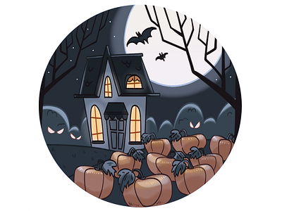 Halloween is coming! autumn bat countryside dark drawing halloween illustration moonlight night pumpkin
