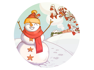1st December bullfinch countryside drawing illustraion scarf snow snowman winter