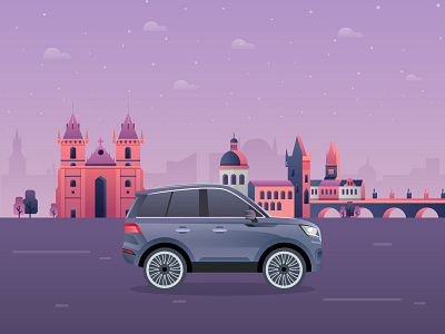 A romantic trip to Prague car illustration prague purple travel
