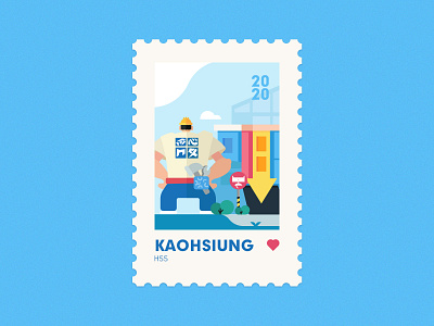 Kaohsiung，The Pier-2 Art Center sculpture 假期 可爱 彩色 插画 旅行 蓝色 邮票