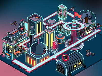 Isometric City-Game Design design digitalart game gamedesign illustration isometric lights night poster scifi