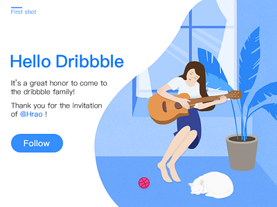 Hello Dribbble blue branding girl guitar plant