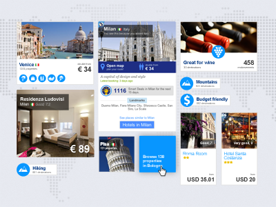 Destinations Kit cards city destinations hover icon interests price tag themes travel widgets