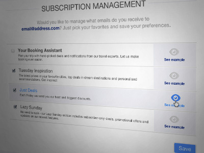 Subscription management checkbox clean hover management preview settings simple subscribe unsubscribe