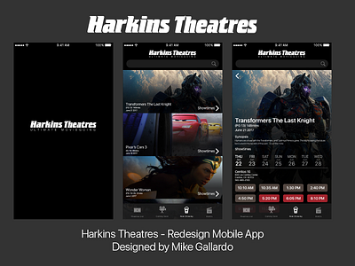 Harkins Theatres - App Redesign app dark harkins mobile movies redesign showtime theatres theme