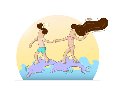 Guy with a girl riding on dolphins boy design dolphin dribbble girl illustration illustrator nature ocean sea solopovdesign summer vector