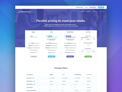 Deskmetrics v2 blue bright color pricing purple redesign sass software ui web design website