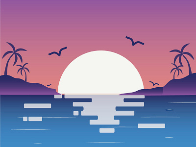 Sunset beach beautiful calm design flat illustration palm tree sunset vector