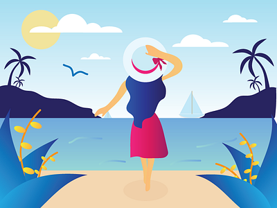 vacation lady beach beautiful cute design flat girl illustration vector