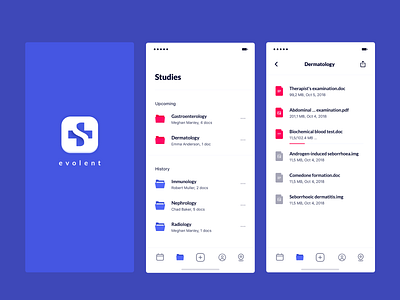 evolent app blue brandnew clean dermatology design documents files folder groups health health care list minimal red simple studies ui white