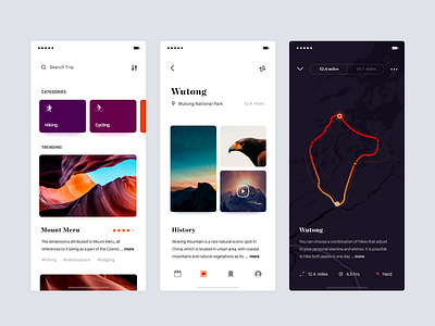 hiking app brandnew categories clean detail page distance filter location map minimal road search simple tags travel trip typography ui white