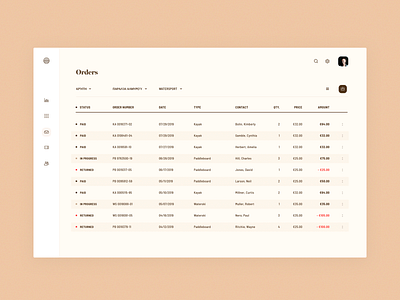 orders app brandnew clean crm data design filter grid interface minimal order price simple status table ui