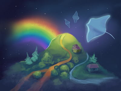 Manta ray village color colorful dreamy fantasy illustration landscape mantaray night rainbow sky surrealism village