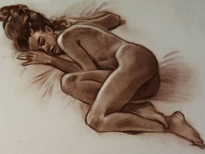 Nude 2d charcoal drawing female nude traditional art