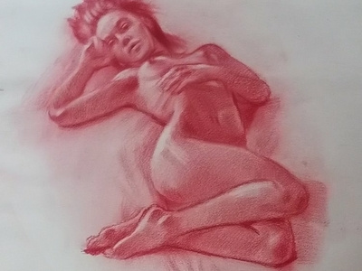 Nude 2d drawing females nude red chacoal traditional art traditional drawing