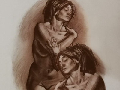 Two females charcoal drawing nude traditional art