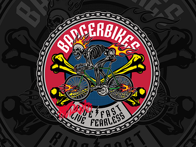 BANGER BIKES ROUND LOGO WITH SKULL CYCLIST ILLUSTRATION bicycle bike branding character design colorful cycling cyclist design dope drawing fixed gear graphic design hypebeast illustration logo skull streetwear ui vector