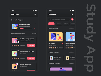 Study App- Education app adobe xd courses app dark ui education app illustrator neumorphism ui sketchapp study study app ui design