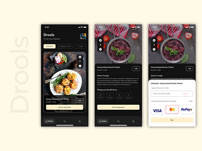 DROOLS- Tinder for Food adobe xd android app design branding design food app illustrator psd sketchapp ui uidesign website design