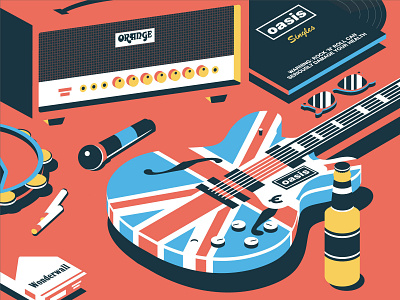 Oasis. amplifier beer cigarettes design gallagher geometric guitar illustration isometric art isometric design isometric illustration isometry logo lp microphone music oasis ui vector