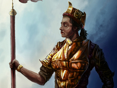 Golden Warrior armor concept art crown golden illustration krita metal painting portrait soldier staff warrior woman