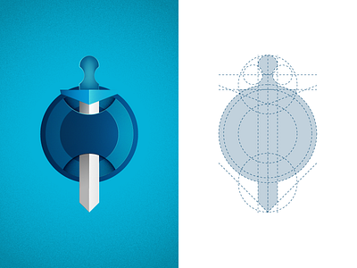 sword and shield blue brand circles grain grid icon illustration logo shield sword symbol