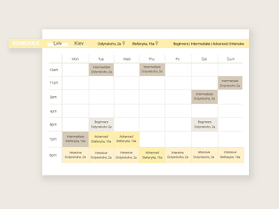 Schedule design for ballet studio website schedule website design