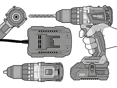 Cordless Hammer Drill adobe illustrator hand icons instructional illustration orthographic projection power tools technical drawing technical illustration transparency user vector illustration