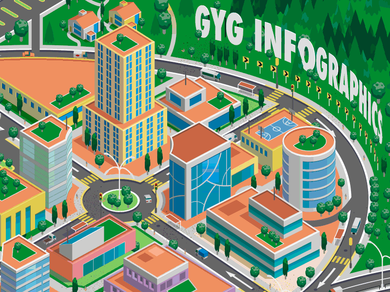 GyG City adobe aftereffects adobe illustrator buildings city gif infographic isometric maps motiongraphics road signs vector graphics