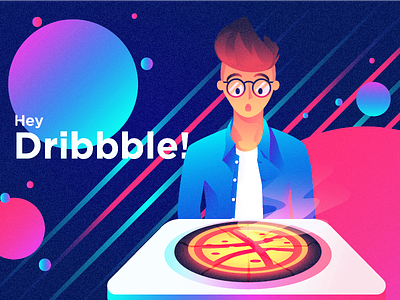 Hey Dribbble! blue character cyan debut dribbble illustration pink pizza red retro space table