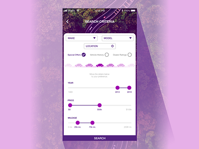Car Search Screen car car app mobile mobile app purple search sketch app sliders