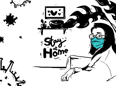 stay at home illustration art blackandwhite care character coronavirus creative doodle handdrawn healthcare illustraion mask person winner woman