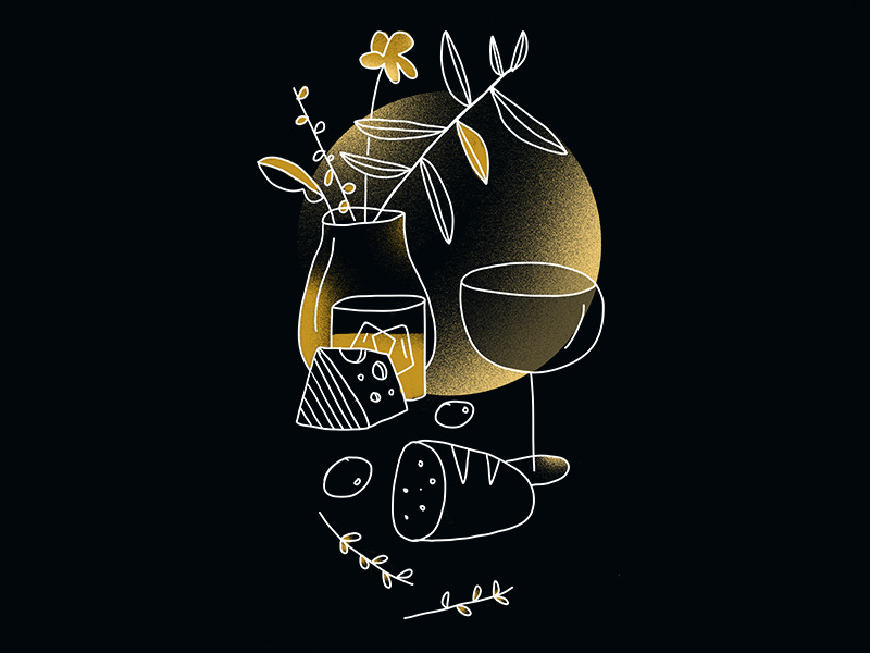 dinner series illustration gold bread cheese cocktail food illustration