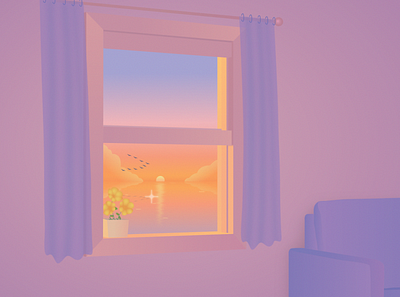 Window at sunset 2d animation aftereffects animated animation after effects birds clouds curtains design flowers gradient illustration motion nature sunset sunshine window