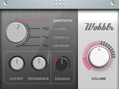 Waveform, Filter, Distortion, and Volume audio interface knobs ui user wobblr
