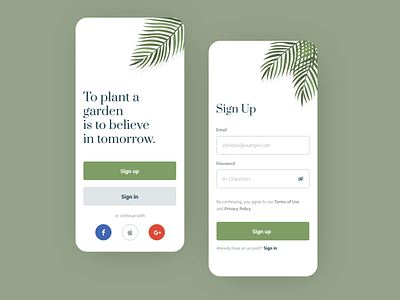 Welcome and Sign Up App Screen adobe xd design form garden mobile app plants register sign up ui welcome screen