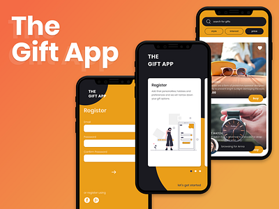 The Gift App adobe xd design gift app home screen mobile mobile app mobile app design mobile application on boarding onboarding orange register registration shopping ui ui design ui ux ux ux design wireframing