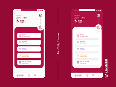 Get First Alert App Redesign app dashboard app home page app mockup app redesign app ui app ux book appointment dark theme get started getfirstalert healthcare app iphone app ui light theme medical app medical emergency call pharmacy search doctor app