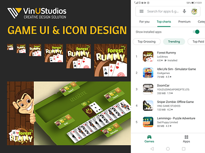 Forest Rummy Game UI & Icon Design app banner app icon creative design solution forest rummy game banner game icon game ui rummy vinustudios