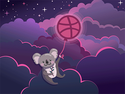 Hello Dribbble from koala! animal animation australia balloon character clouds cute debut dribbble ball first shot flat flyer illustration koala koala bear landscape moon purple starry night