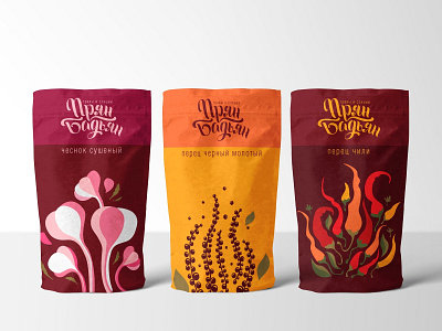 Hot spices packaging branding chili colors design flat hand lettering hot illustration illustrator logo nature packagedesign palette pink red russian spices spicy vector yellow