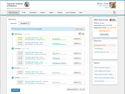 Instructor Dashboard - Upcoming Events dashboard events instructor list schedule