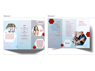 Three Folded Brochure blue blue and red bordo bello brochure brochure design brochure mockup brochure template dark red folded paper health center healthcare simple design