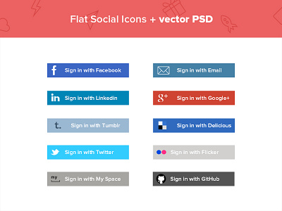 Flat Social media Icons + Vector PSD buttons colours flat icons psd social media vector