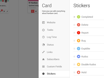 Stickers app cards desktop flat kanban log popup stickers ui ux web work