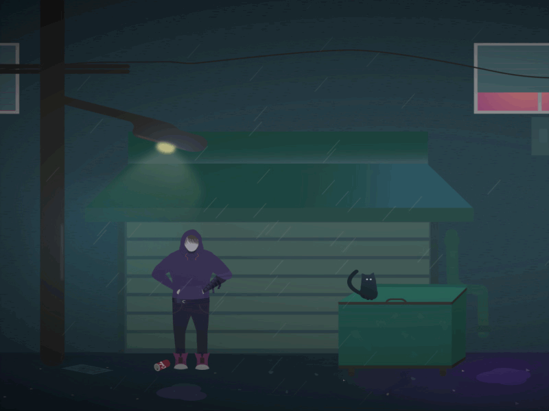 Alone in rain 2d animated animation atmosphere caractére cat chillout dark design gif illustration night rain rigging