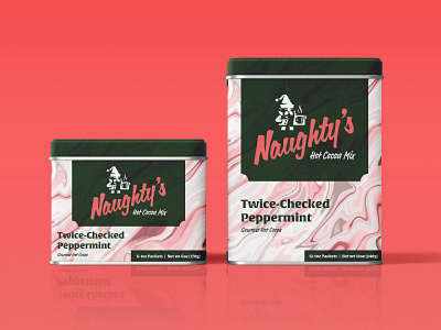 Naughty's :: Hot Cocoa Packaging branding christmas cocoa drink elf gourmet green hot chocolate logo mockup packaging peppermint pink santa tin winter