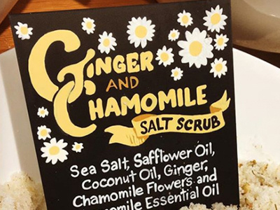 Custom Typography on Bath Salt Display bath chalk art chamomile floral flower ginger hand lettering salt scrub soak sugar typography