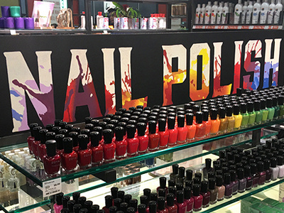 Hand-Painted Sign for Nail Polish Display body care color display makeup merchandise merchandising nail polish paint retail splash